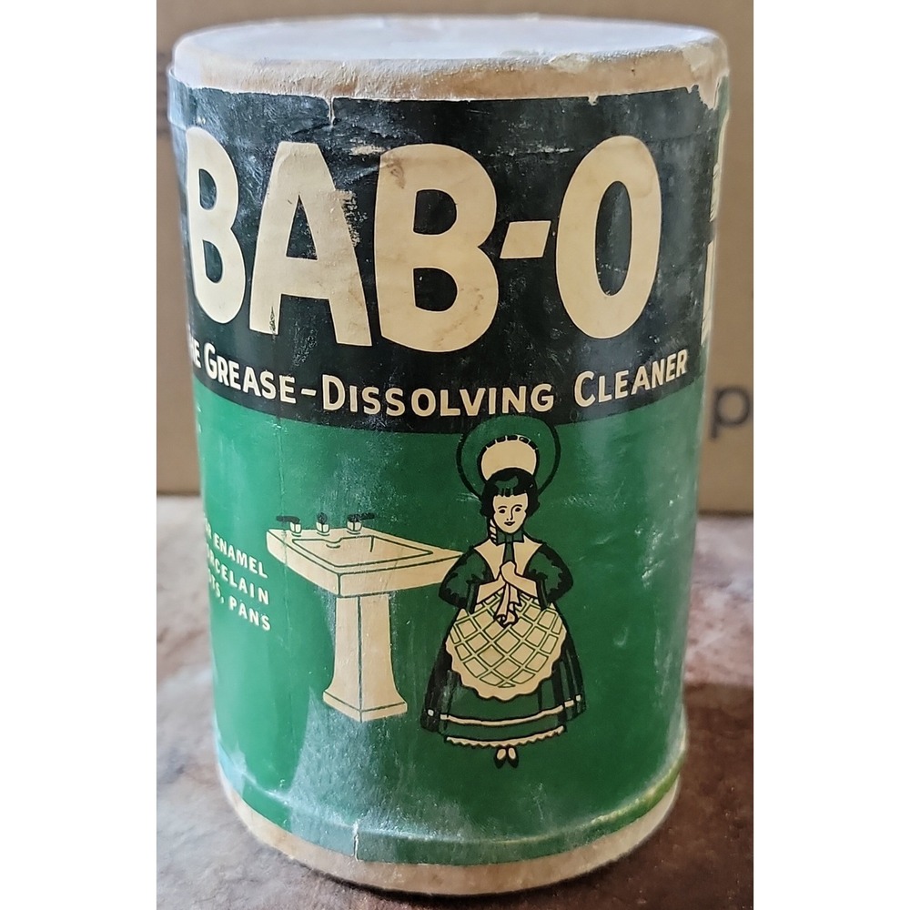 Vintage Bab-O Grease Dissolving Cleaner 14oz Canister Babbitt Inc Green Black